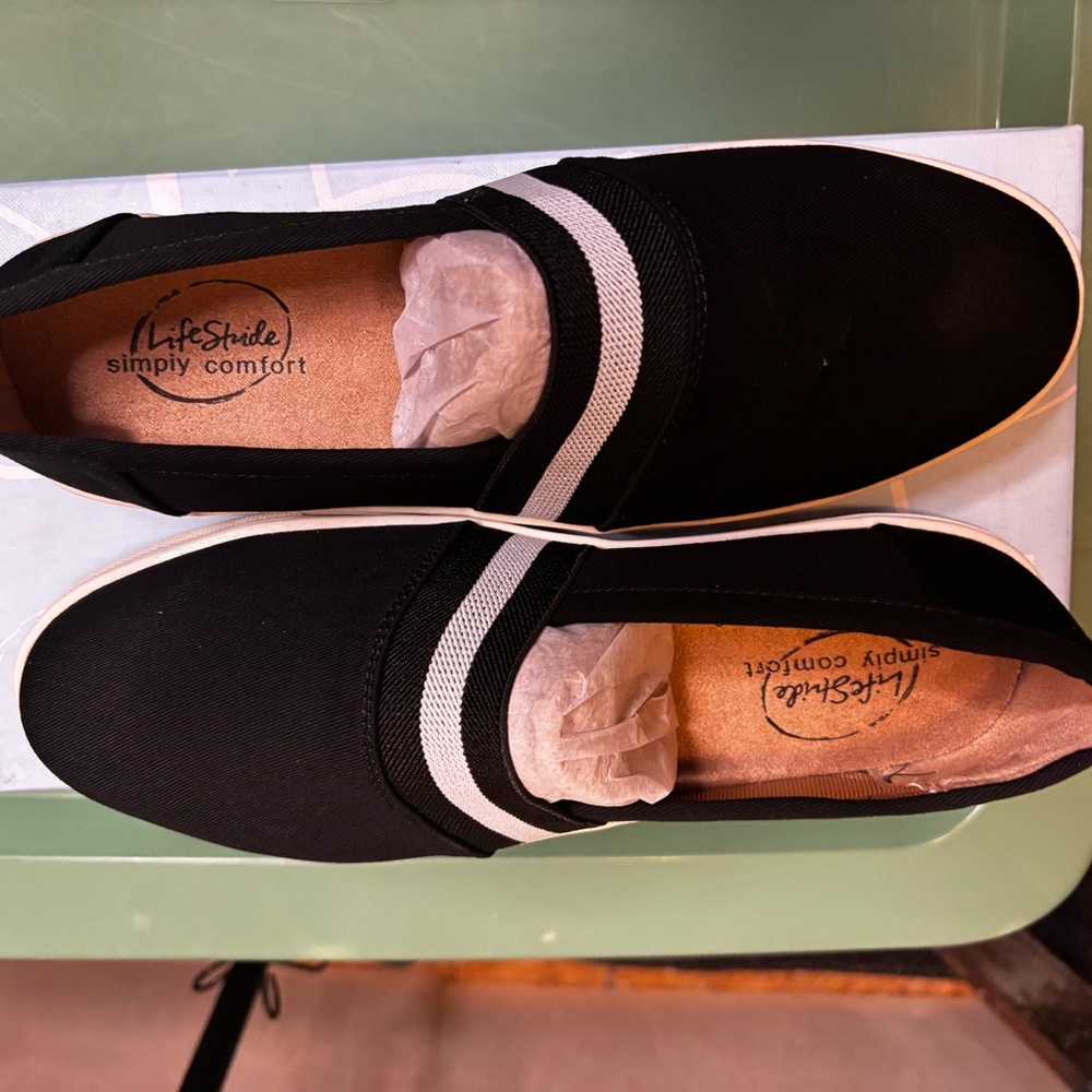 Life Stride Black Slip-On Athletic Shoes with White Accent